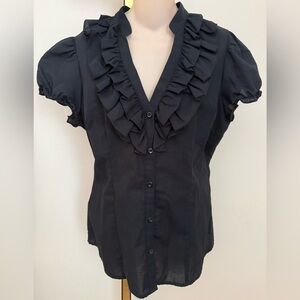 NWT Ann Taylor LOFT Black Ruffle V-Neck Button Front Women's Top Cotton Blouse